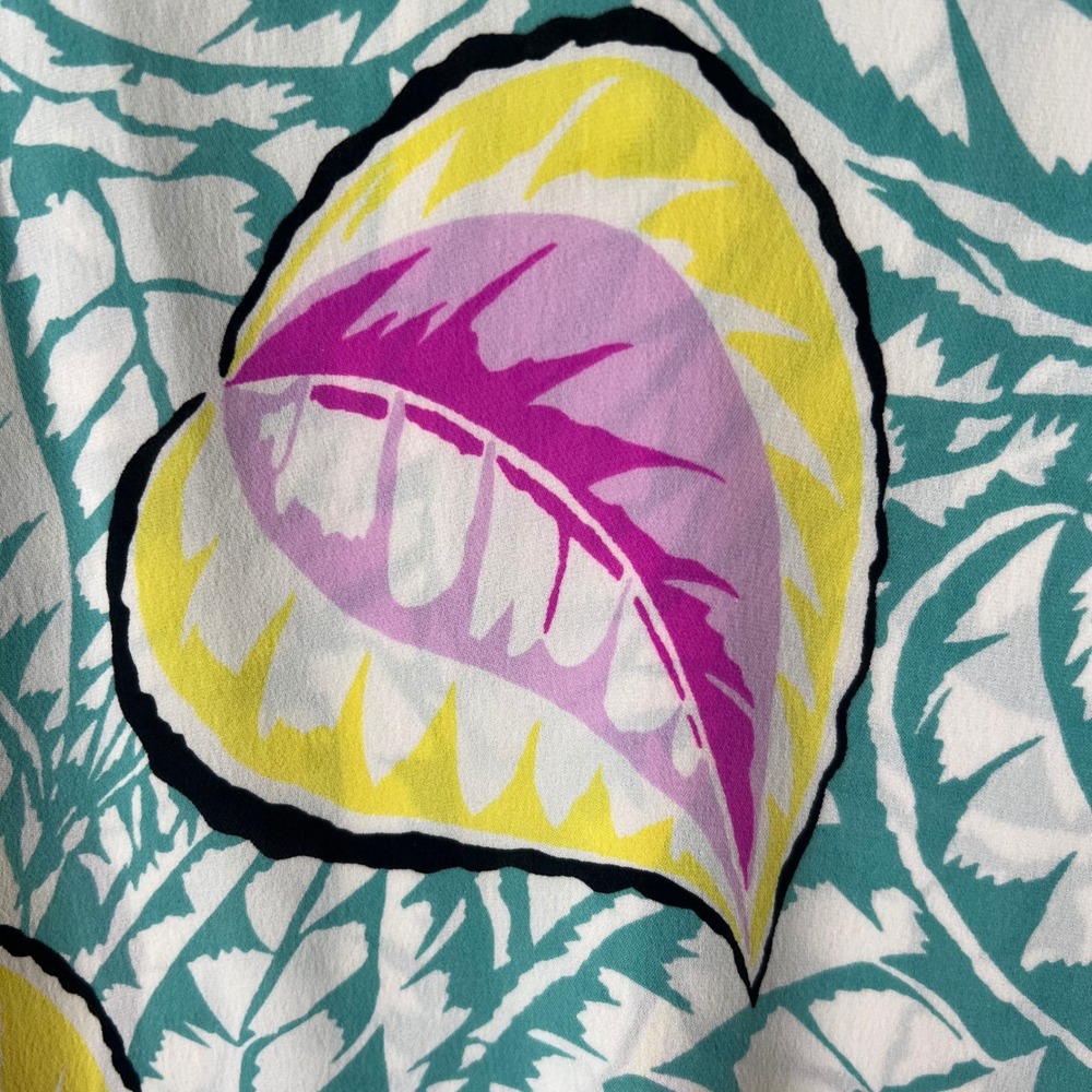 Theory 100% Silk Blouse M Georgette Teal Pink Yellow Tropical Leaf Resort Luxury - Picture 8 of 14